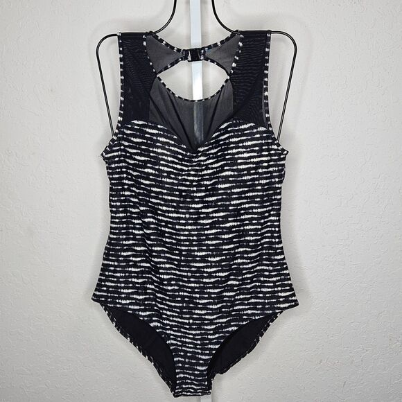 Nip Tuck Swim Black White Stripe Mesh Insert One Piece Swimsuit Size 12 - Picture 1 of 9